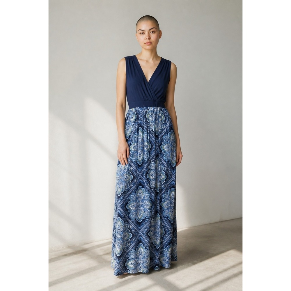 Kate and Lily Navy Blue Medallion Paisley V-Neck Cutout Back Maxi Dress Womens 6